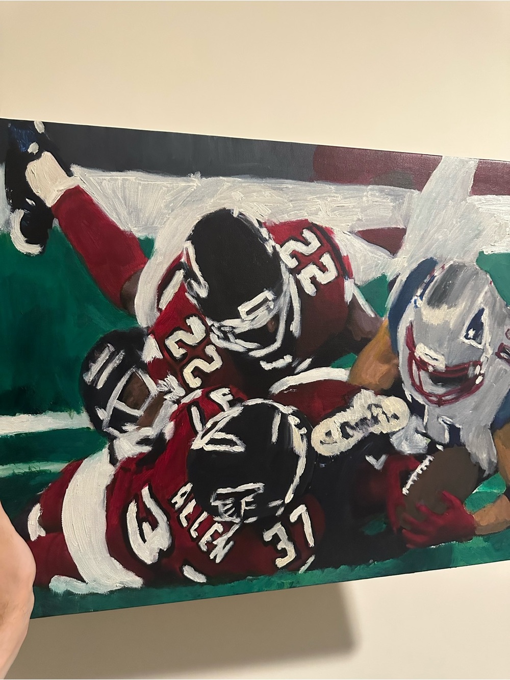 Julian Edelman the catch Football Action Canvas painting 18x24 signed by artist